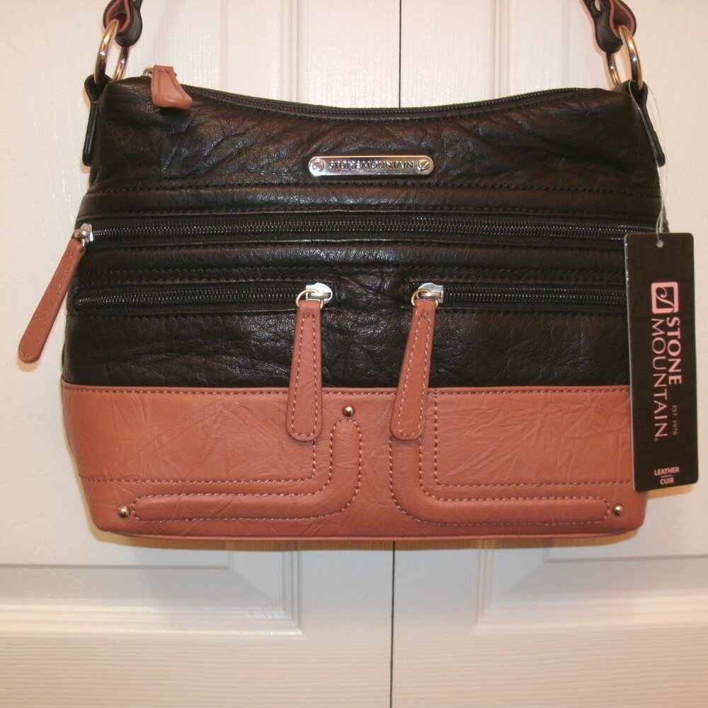 Stone Mountain 2 Tone Black/Tan Leather Handbag/Purse, New!